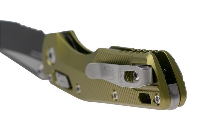 Afbeelding voor Microtech MSI Standard Issue Mini 210M-2FLOD, Two Tone Black M390MK, Fluted OD Green Aluminium, deels gekarteld zakmes