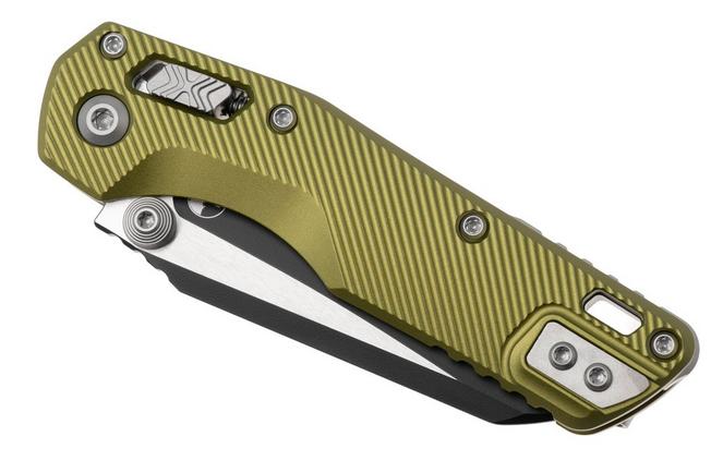 Afbeelding voor Microtech MSI Standard Issue Mini 210M-2FLOD, Two Tone Black M390MK, Fluted OD Green Aluminium, deels gekarteld zakmes