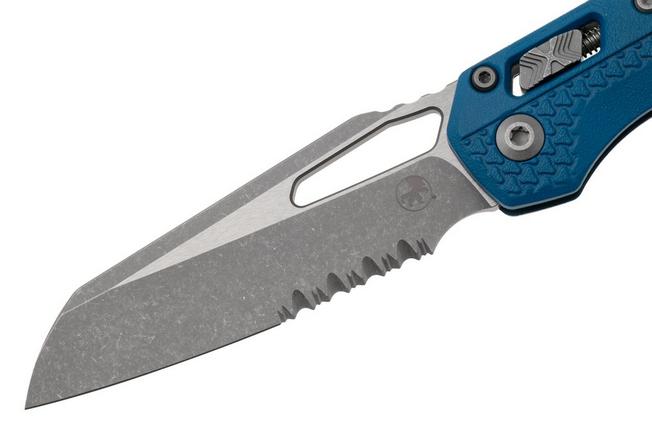 Afbeelding voor Microtech MSI Standard Issue 210T-11APPMCBL, Apocalyptic Stonewashed M390MK, Blue Polymer, partly serrated zakmes