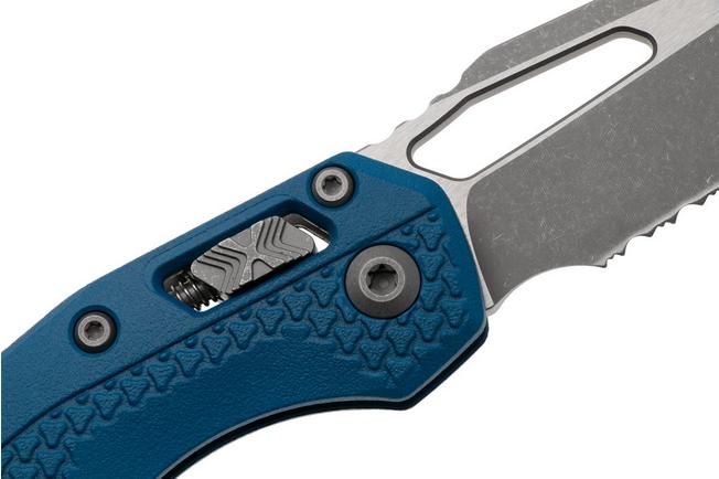 Afbeelding voor Microtech MSI Standard Issue 210T-11APPMCBL, Apocalyptic Stonewashed M390MK, Blue Polymer, partly serrated zakmes