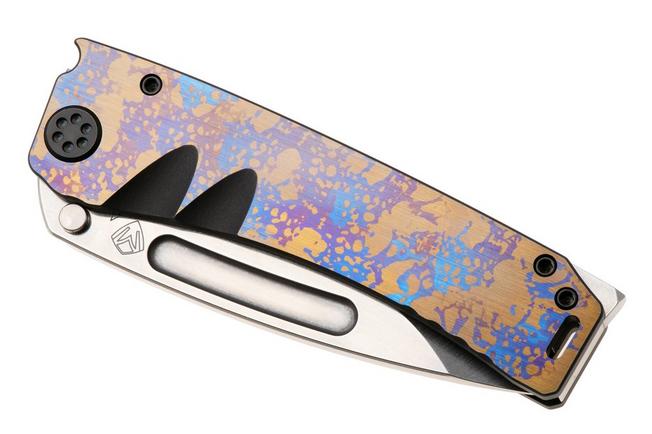 Afbeelding voor Medford Marauder 26-MA-03 Tumbled S35VN Droppoint Blade, Sponge Anodized Titanium Handles and Pocketclip, Black Hardware, zakmes