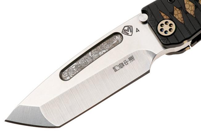 Afbeelding voor Medford Marauder Polished Tumbled S45VN Dragon Tanto Blade, Black Bronze Tsunami Maki Wrap Handle, Black Bronze Hardware Bronze Dragon Clip, zakmes