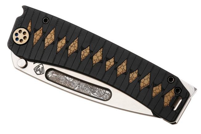 Afbeelding voor Medford Marauder Polished Tumbled S45VN Dragon Tanto Blade, Black Bronze Tsunami Maki Wrap Handle, Black Bronze Hardware Bronze Dragon Clip, zakmes