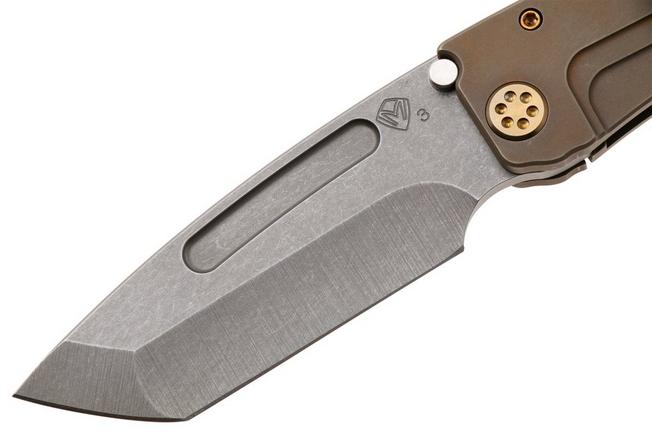 Afbeelding voor Medford Marauder-H 26-MMH-02 S45VN Acid Distressed Tanto Blade, Old School Bronze Titanium Handles, Bronze Hardware, zakmes