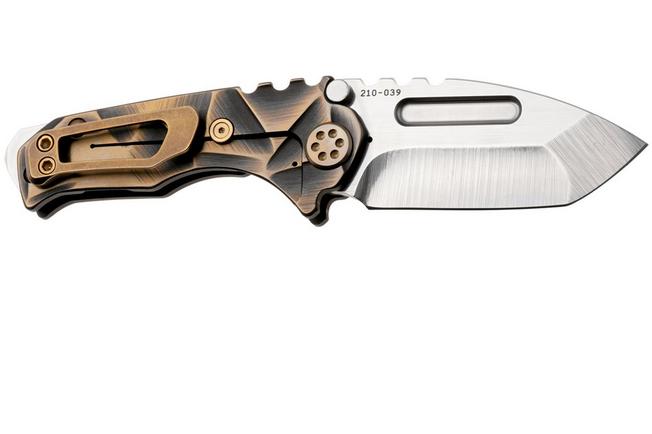 Afbeelding voor Medford Micro T, Tumbled S35VN Tanto Blade, Black Bronze Stained Glass Titanium Handle, Bronze Hardware and Clip, zakmes