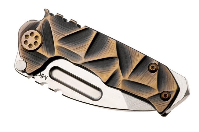 Afbeelding voor Medford Micro T, Tumbled S35VN Tanto Blade, Black Bronze Stained Glass Titanium Handle, Bronze Hardware and Clip, zakmes