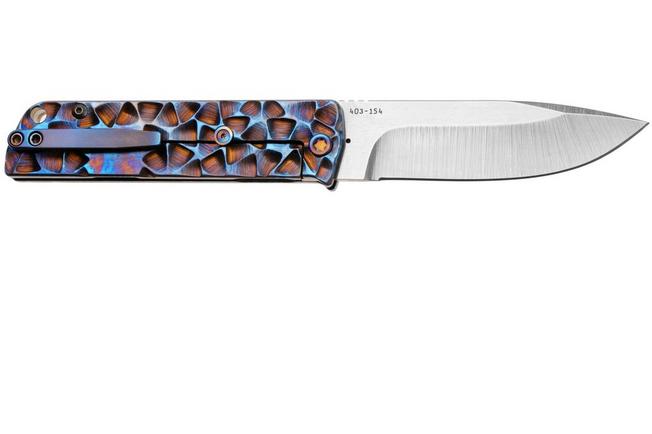 Afbeelding voor Medford The Antik 26-TA-02 S45VN Droppoint Blade, Titanium MD Blue Peaks & Valleys Ano Handles, Flamed Hardware, zakmes