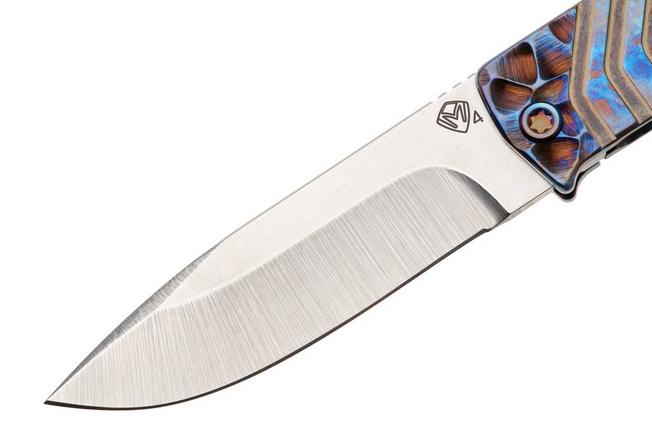 Afbeelding voor Medford The Antik 26-TA-02 S45VN Droppoint Blade, Titanium MD Blue Peaks & Valleys Ano Handles, Flamed Hardware, zakmes