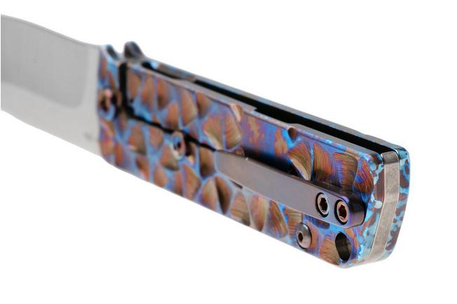 Afbeelding voor Medford The Antik 26-TA-02 S45VN Droppoint Blade, Titanium MD Blue Peaks & Valleys Ano Handles, Flamed Hardware, zakmes