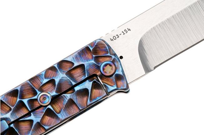 Afbeelding voor Medford The Antik 26-TA-02 S45VN Droppoint Blade, Titanium MD Blue Peaks & Valleys Ano Handles, Flamed Hardware, zakmes