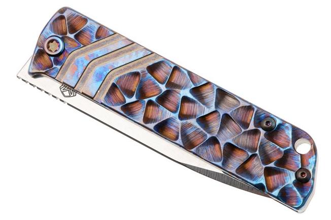 Afbeelding voor Medford The Antik 26-TA-02 S45VN Droppoint Blade, Titanium MD Blue Peaks & Valleys Ano Handles, Flamed Hardware, zakmes