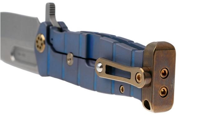 Afbeelding voor Medford USMC Fighter Flipper 26-UFF-05 Tumbled S35VN Blade, Blue Titanium Handles, Bronze Hardware and Pommel, zakmes