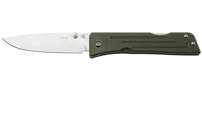 Bild für 1881 Knife Works Route 66, RT68-DP-GRN-G10, Tumbled S45VN Droppoint, OD Green G10 Taschenmesser, Greg Medford Design