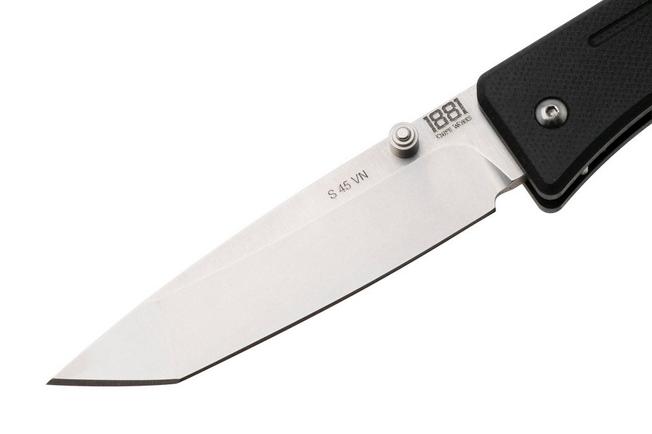 Bild für 1881 Knife Works Route 66, RT68-TB-BLCK-G10, Tumbled S45VN Tanto, Black G10 Taschenmesser, Greg Medford Design