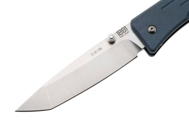 Bild für 1881 Knife Works Route 66, RT68-TB-DB-G10, Tumbled S45VN Tanto, Blue Denim G10 Taschenmesser, Greg Medford Design