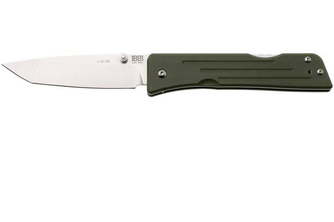 Bild für 1881 Knife Works Route 66, RT68-TB-GRN-G10, Tumbled S45VN Tanto, OD Green G10 Taschenmesser, Greg Medford Design