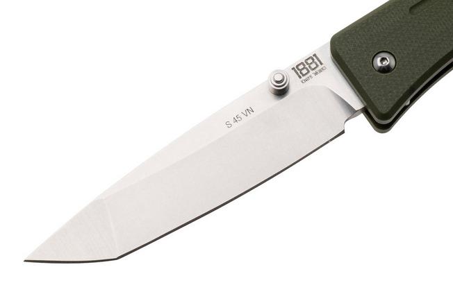 Bild für 1881 Knife Works Route 66, RT68-TB-GRN-G10, Tumbled S45VN Tanto, OD Green G10 Taschenmesser, Greg Medford Design