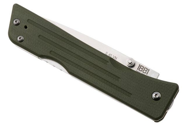 Bild für 1881 Knife Works Route 66, RT68-TB-GRN-G10, Tumbled S45VN Tanto, OD Green G10 Taschenmesser, Greg Medford Design