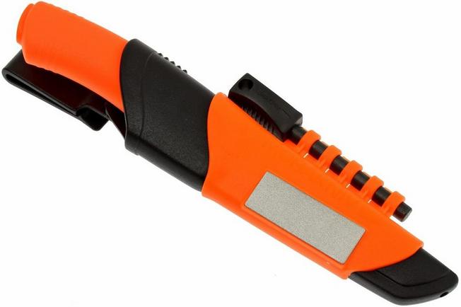 Couteau Mora bushcraft survival orange: pierre à feu, aiguiseur