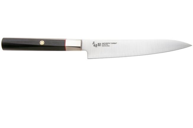 Afbeelding voor Mcusta Zanmai Petty KH-4002S Ginsan Silver 3, Ebony Pakka Handle, Knivesandtools Exclusive, petty universeelmes, 16 cm