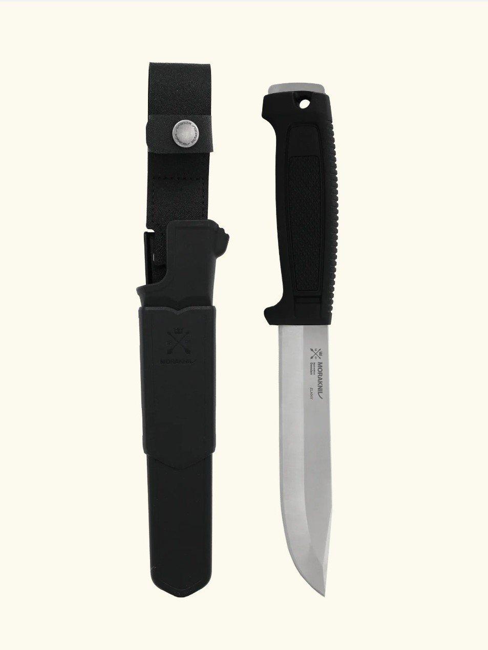 Morakniv Mörkret Elmax (S) survivalmes met zwarte handgreep naast de schede