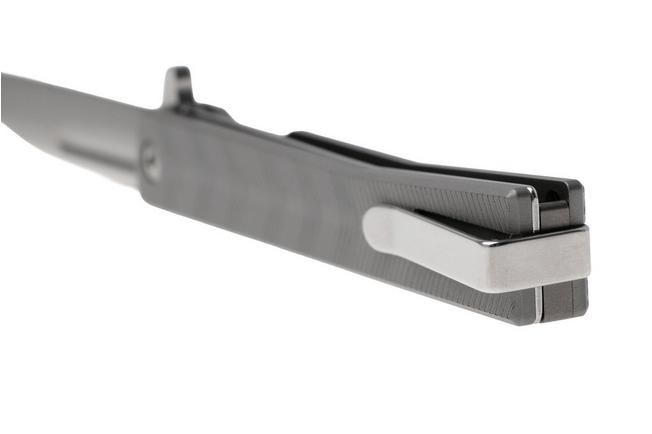 Afbeelding voor Ocaso Solstice 10EPW, Satin CPM S35VN Wharncliffe, Grey Engraved Titanium zakmes, Andrew Demko design