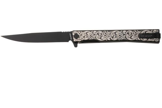 Afbeelding voor Ocaso Solstice 10ESB Black CPM S35VN, Scroll Engraved Black Titanium, zakmes, Andrew Demko design