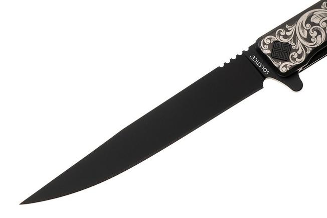 Afbeelding voor Ocaso Solstice 10ESB Black CPM S35VN, Scroll Engraved Black Titanium, zakmes, Andrew Demko design