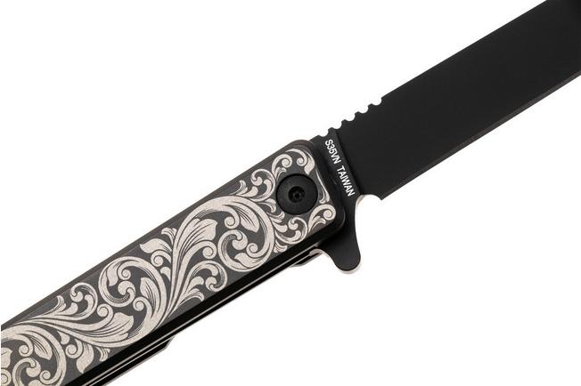 Afbeelding voor Ocaso Solstice 10ESB Black CPM S35VN, Scroll Engraved Black Titanium, zakmes, Andrew Demko design