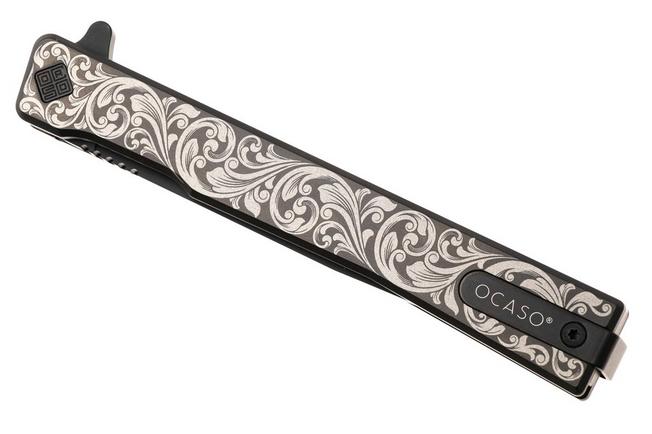 Afbeelding voor Ocaso Solstice 10ESB Black CPM S35VN, Scroll Engraved Black Titanium, zakmes, Andrew Demko design