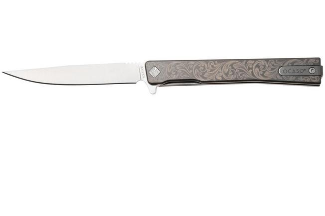 Afbeelding voor Ocaso Solstice 10ESS Satin CPM S35VN, Scroll Engraved Grey Titanium, zakmes, Andrew Demko design