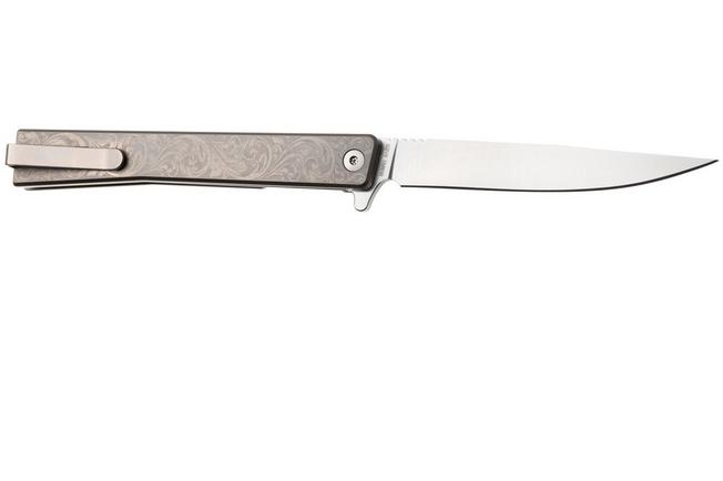 Afbeelding voor Ocaso Solstice 10ESS Satin CPM S35VN, Scroll Engraved Grey Titanium, zakmes, Andrew Demko design