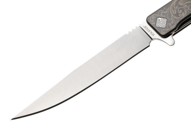 Afbeelding voor Ocaso Solstice 10ESS Satin CPM S35VN, Scroll Engraved Grey Titanium, zakmes, Andrew Demko design