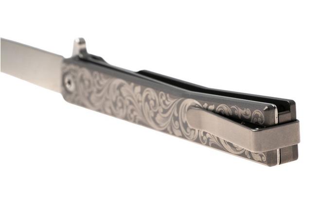 Afbeelding voor Ocaso Solstice 10ESS Satin CPM S35VN, Scroll Engraved Grey Titanium, zakmes, Andrew Demko design