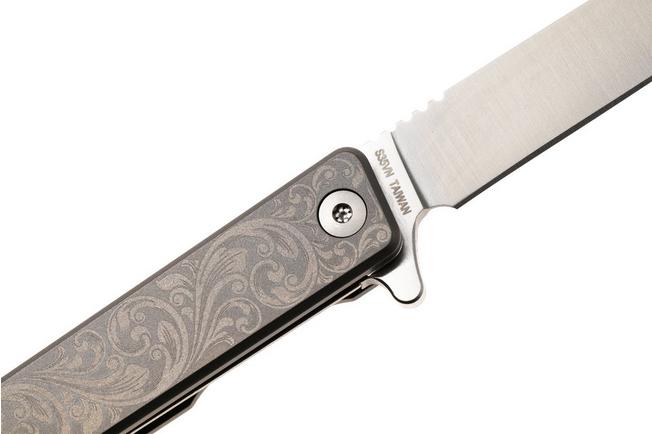 Afbeelding voor Ocaso Solstice 10ESS Satin CPM S35VN, Scroll Engraved Grey Titanium, zakmes, Andrew Demko design
