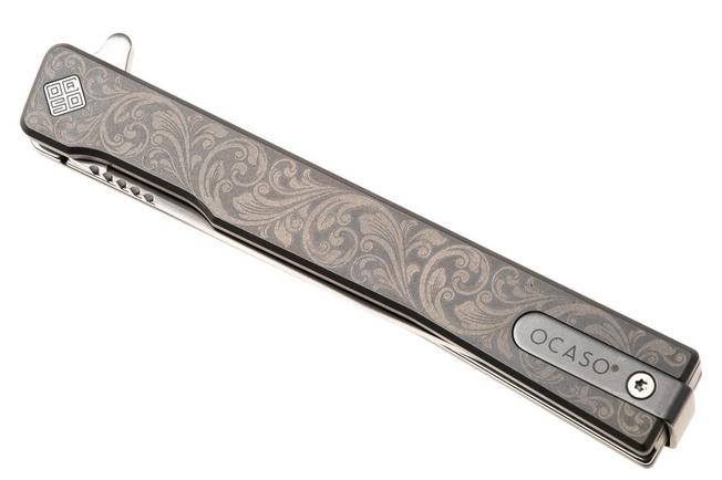 Afbeelding voor Ocaso Solstice 10ESS Satin CPM S35VN, Scroll Engraved Grey Titanium, zakmes, Andrew Demko design