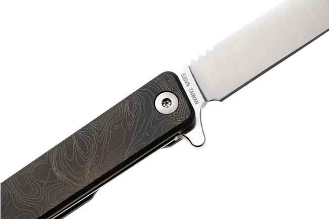 Afbeelding voor Ocaso Solstice 10ETS Satin CPM S35VN, Topo Engraved Grey Titanium, zakmes, Andrew Demko design