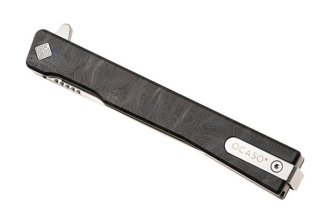 Afbeelding voor Ocaso Solstice 10ETS Satin CPM S35VN, Topo Engraved Grey Titanium, zakmes, Andrew Demko design