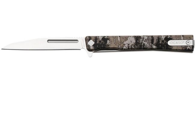 Afbeelding voor Ocaso Solstice 10GWS, Satin CPM S35VN Wharncliffe, Grunge Camo Titanium zakmes, Andrew Demko design