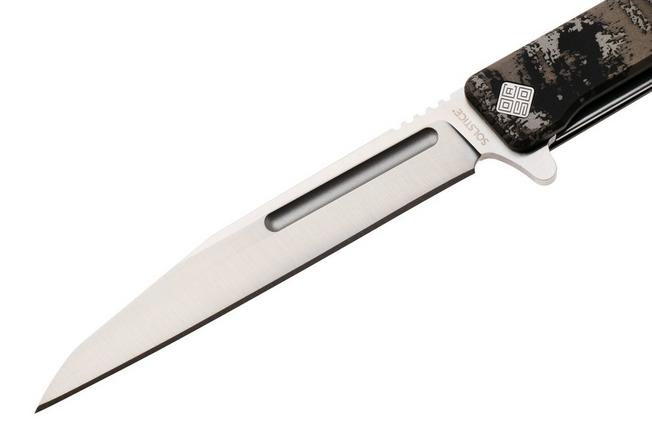 Afbeelding voor Ocaso Solstice 10GWS, Satin CPM S35VN Wharncliffe, Grunge Camo Titanium zakmes, Andrew Demko design