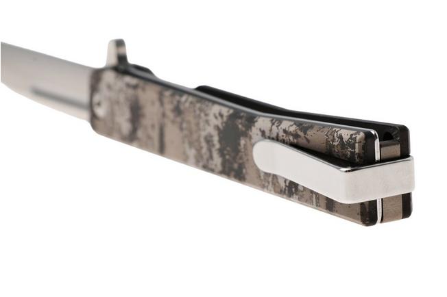 Afbeelding voor Ocaso Solstice 10GWS, Satin CPM S35VN Wharncliffe, Grunge Camo Titanium zakmes, Andrew Demko design