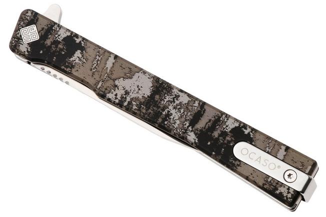 Afbeelding voor Ocaso Solstice 10GWS, Satin CPM S35VN Wharncliffe, Grunge Camo Titanium zakmes, Andrew Demko design