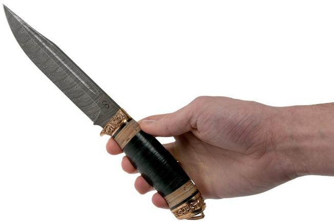 Imagen para Olamic Voykar, Damascus, Leather Birch Bark Handle, cuchillo fijo