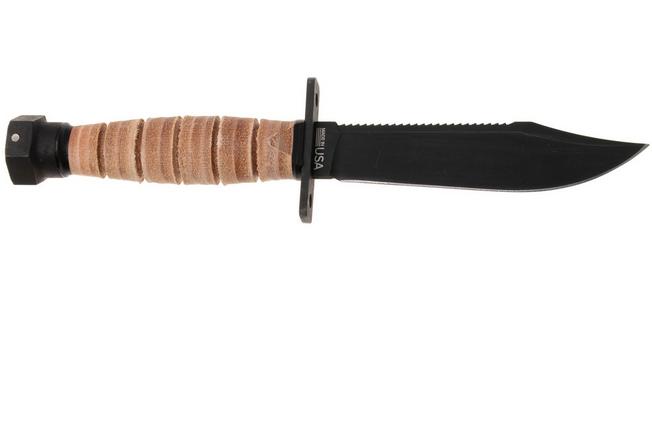 Afbeelding voor Ontario Air force One Survival Knife 1499 Black 1095, Sawback, Leather, Survivalmes