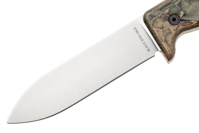 Afbeelding voor Ontario Black Bird ML5 7502N Satin 420HC, Camo Micarta, vaststaand mes, Paul Scheiter design, nylon schede