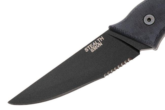 Afbeelding voor Ontario Stealth 8198 Black Serrated S35VN, Black Micarta, vaststaand mes