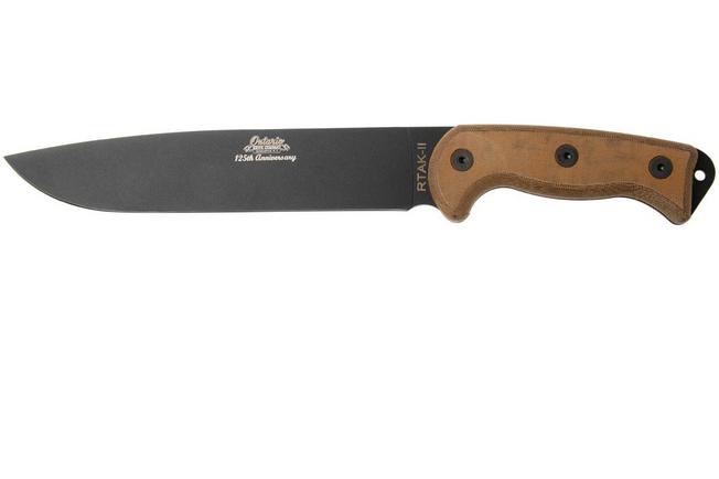 Afbeelding voor Ontario RTAK II 8644 ,125th Anniversary, Black 5160 Carbon, Natural Canvas Micarta, kapmes