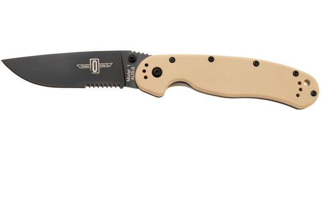 Afbeelding voor Ontario RAT-1 8847DT Black Serrated AUS 8, Desert Tan, zakmes