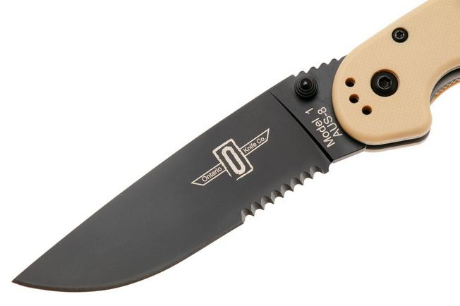 Afbeelding voor Ontario RAT-1 8847DT Black Serrated AUS 8, Desert Tan, zakmes