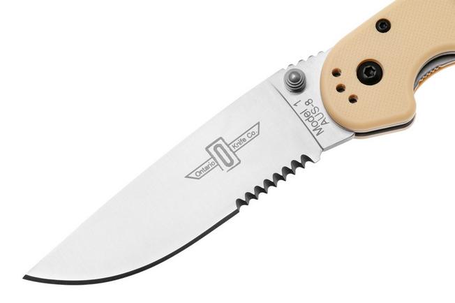 Afbeelding voor Ontario RAT-1 8849DT Satin Serrated AUS8, Desert Tan, zakmes